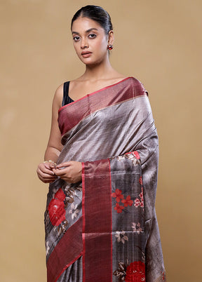 Grey Handloom Tussar Pure Silk Saree With Blouse Piece