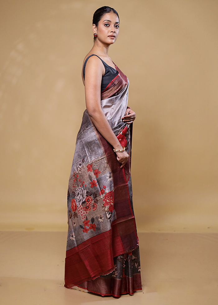 Grey Handloom Tussar Pure Silk Saree With Blouse Piece