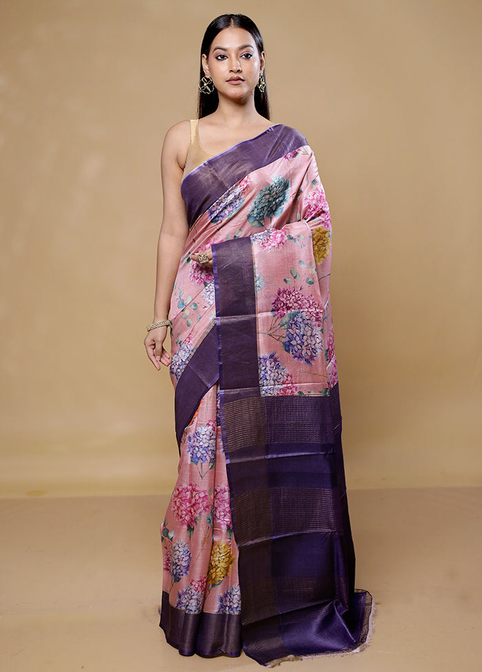 Pink Handloom Tussar Pure Silk Saree With Blouse Piece