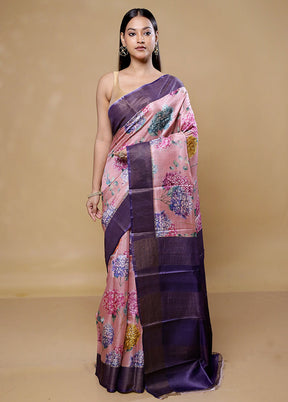 Pink Handloom Tussar Pure Silk Saree With Blouse Piece