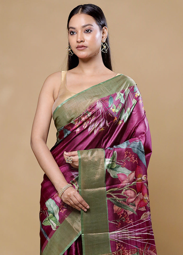 Maroon Handloom Tussar Pure Silk Saree With Blouse Piece