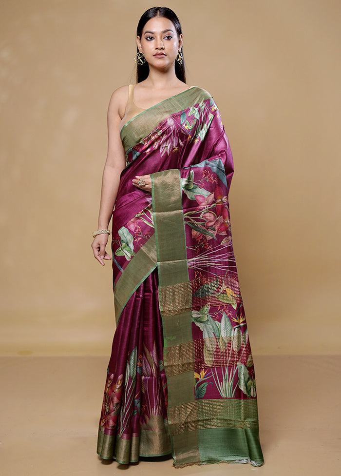 Maroon Handloom Tussar Pure Silk Saree With Blouse Piece