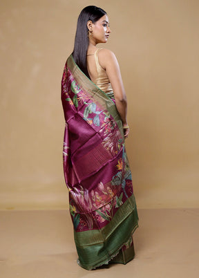 Maroon Handloom Tussar Pure Silk Saree With Blouse Piece