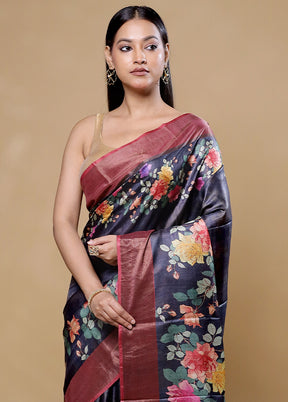 Black Handloom Tussar Pure Silk Saree With Blouse Piece