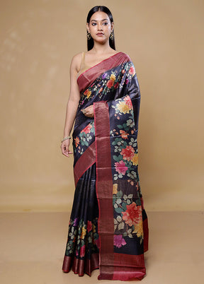 Black Handloom Tussar Pure Silk Saree With Blouse Piece