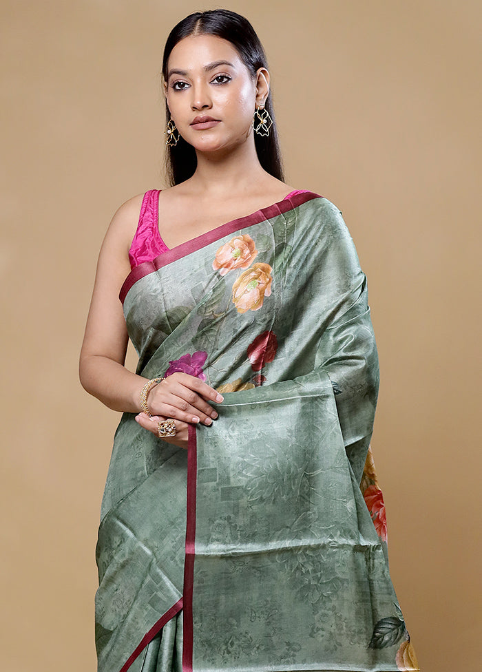 Green Handloom Tussar Pure Silk Saree With Blouse Piece