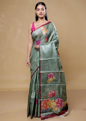 Green Handloom Tussar Pure Silk Saree With Blouse Piece