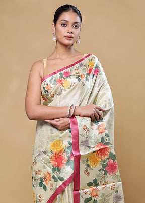 Cream Handloom Tussar Pure Silk Saree With Blouse Piece