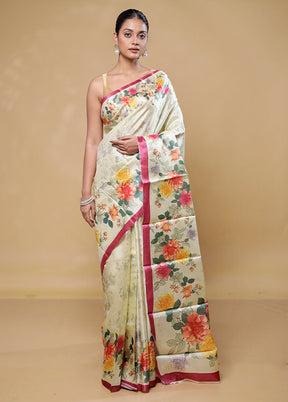 Cream Handloom Tussar Pure Silk Saree With Blouse Piece