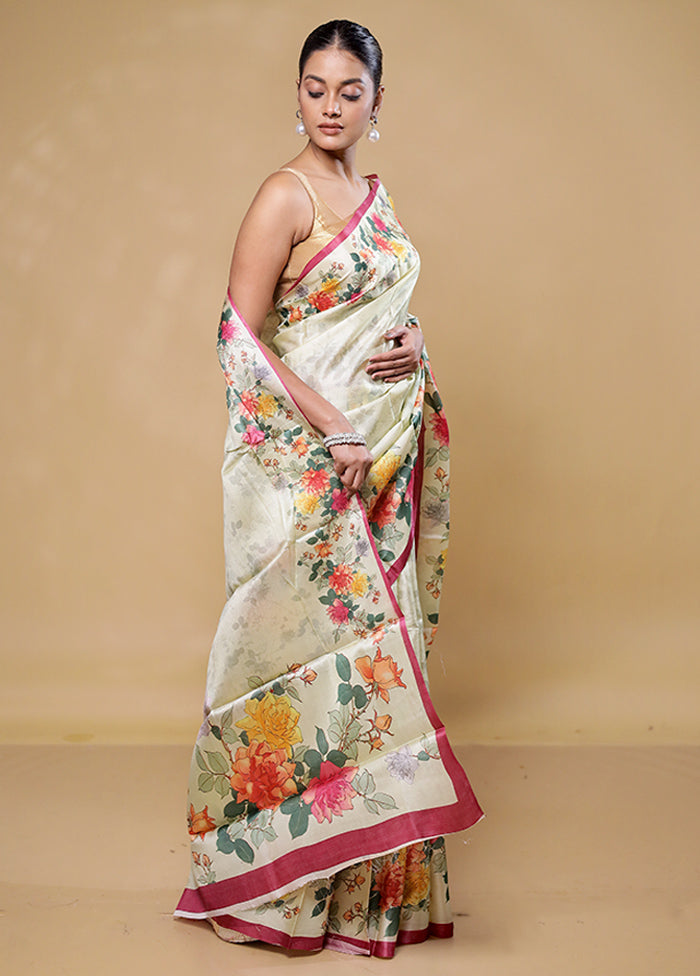 Cream Handloom Tussar Pure Silk Saree With Blouse Piece