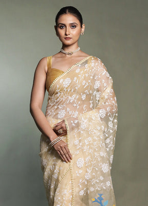 Cream Handloom Pure Organza Saree With Blouse Piece