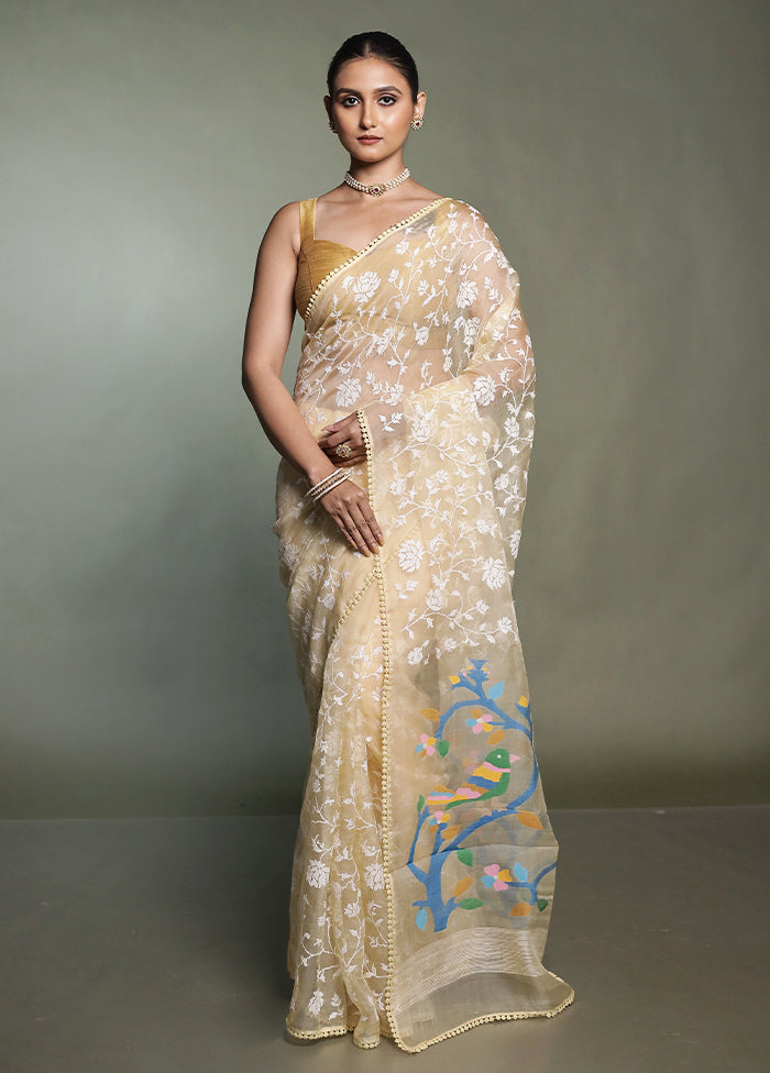 Cream Handloom Pure Organza Saree With Blouse Piece