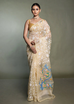 Cream Handloom Pure Organza Saree With Blouse Piece