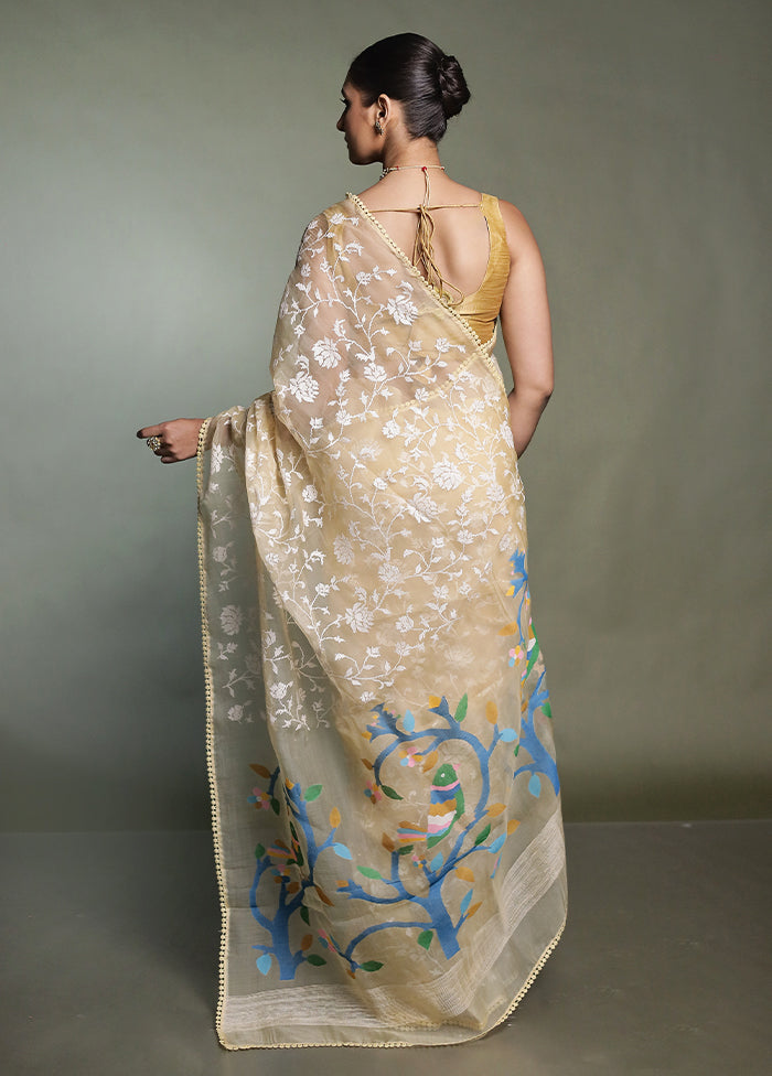 Cream Handloom Pure Organza Saree With Blouse Piece