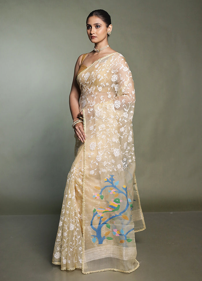 Cream Handloom Pure Organza Saree With Blouse Piece