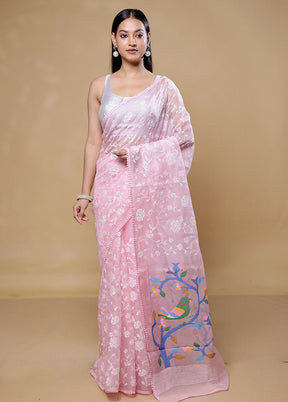 Pink Handloom Pure Organza Saree With Blouse Piece