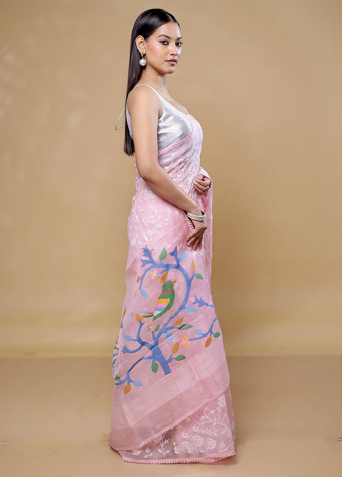 Pink Handloom Pure Organza Saree With Blouse Piece