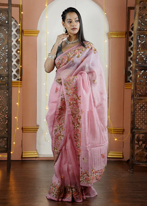 Pink Handloom Pure Organza Saree With Blouse Piece