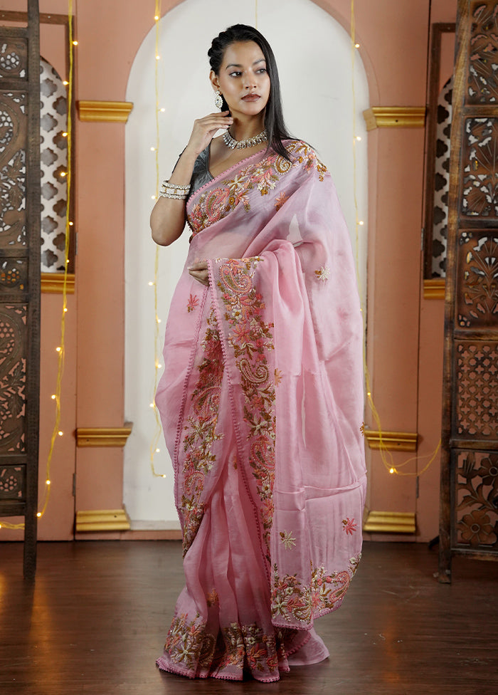 Pink Handloom Pure Organza Saree With Blouse Piece