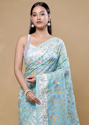 Blue Handloom Pure Organza Saree With Blouse Piece