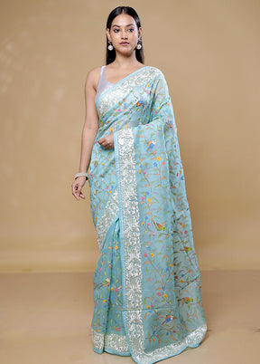 Blue Handloom Pure Organza Saree With Blouse Piece