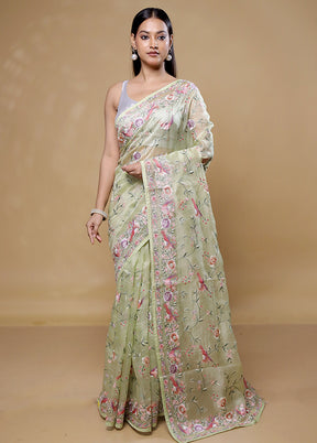 Green Handloom Pure Organza Saree With Blouse Piece