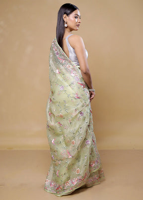 Green Handloom Pure Organza Saree With Blouse Piece