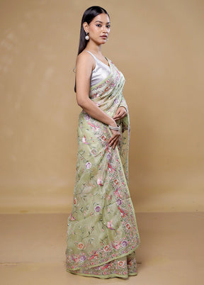 Green Handloom Pure Organza Saree With Blouse Piece