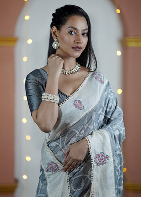 Grey Handloom Tussar Pure Silk Saree With Blouse Piece