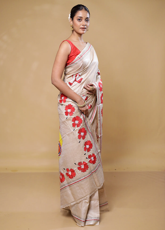 Cream Handloom Kantha Stitch Pure Silk Saree With Blouse Piece