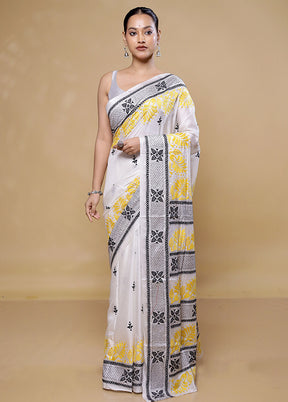 White Kantha Stitch Silk Saree With Blouse Piece