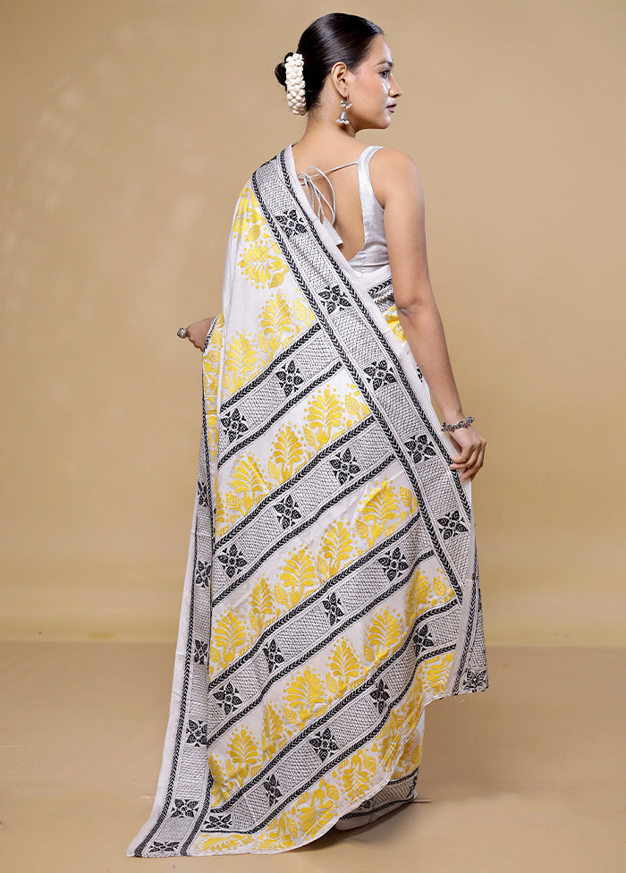 White Kantha Stitch Silk Saree With Blouse Piece