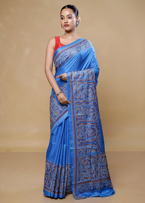 Blue Kantha Stitch Silk Saree With Blouse Piece