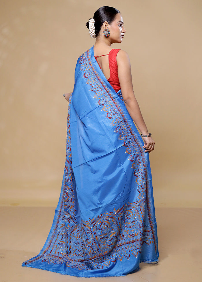 Blue Kantha Stitch Silk Saree With Blouse Piece