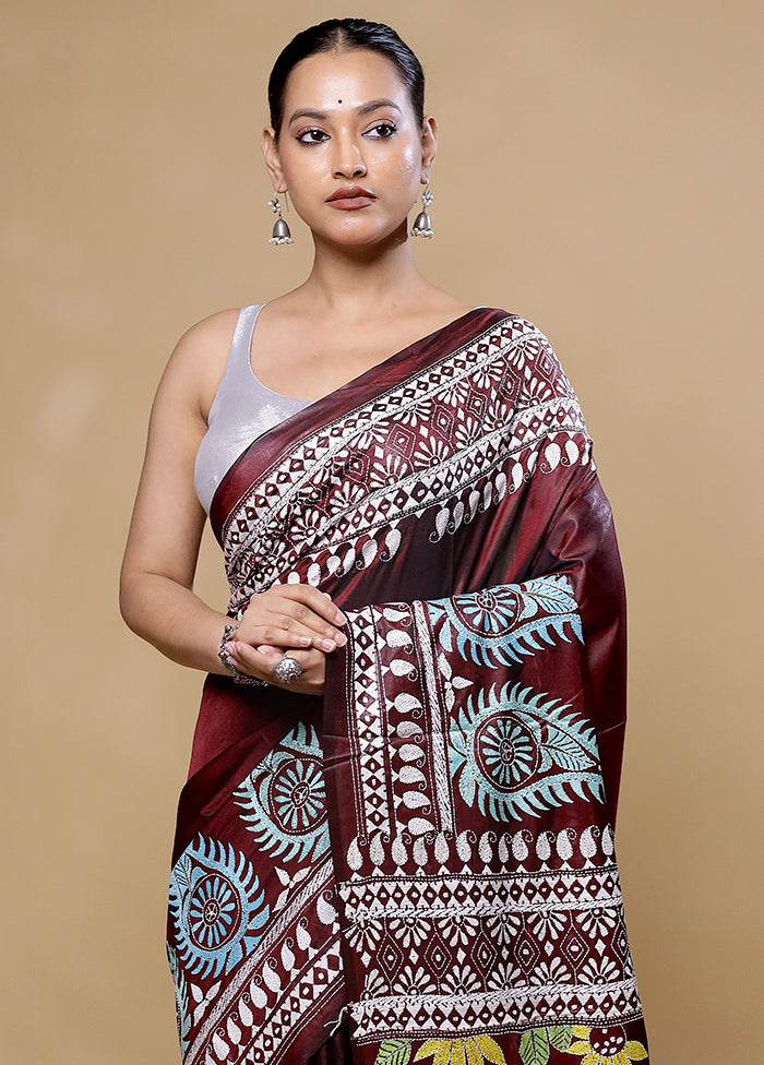 Maroon Kantha Stitch Silk Saree With Blouse Piece