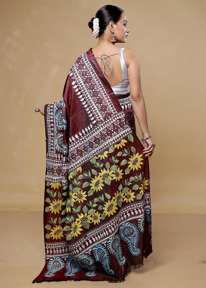 Maroon Kantha Stitch Silk Saree With Blouse Piece