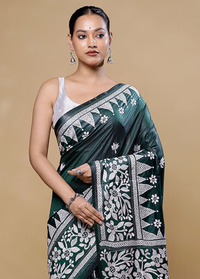 Green Kantha Stitch Silk Saree With Blouse Piece