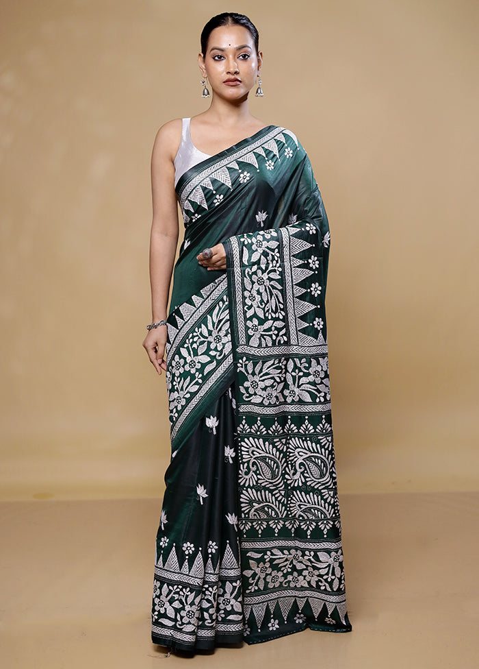 Green Kantha Stitch Silk Saree With Blouse Piece