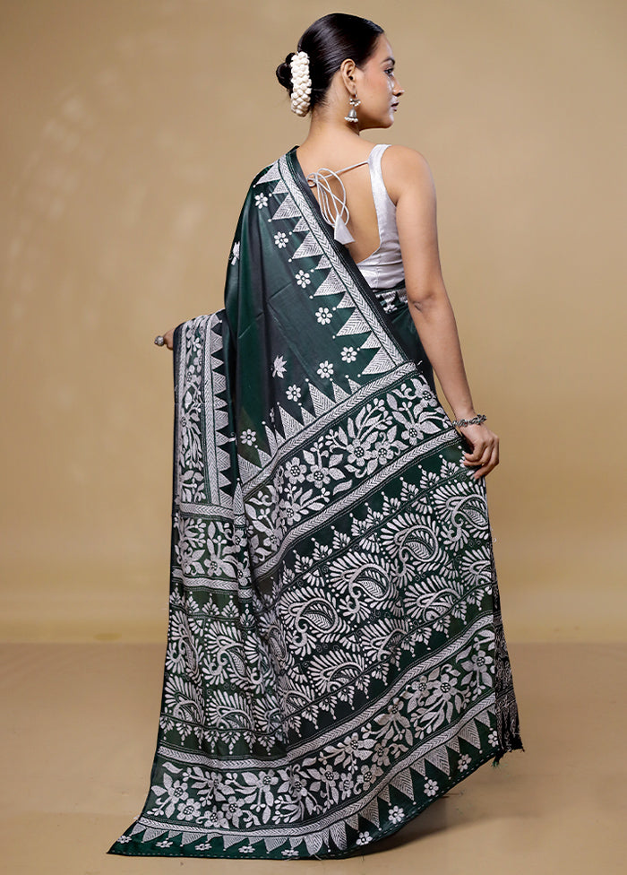 Green Kantha Stitch Silk Saree With Blouse Piece