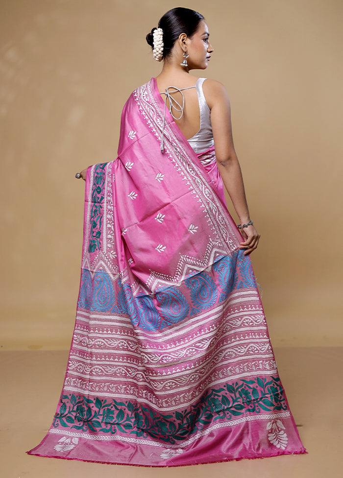 Pink Kantha Stitch Silk Saree With Blouse Piece