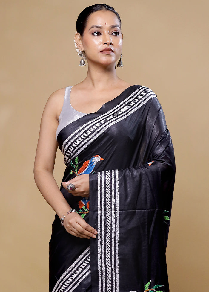 Black Kantha Stitch Silk Saree With Blouse Piece