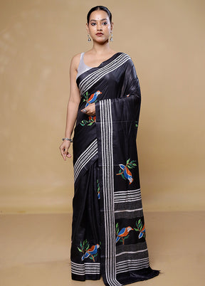 Black Kantha Stitch Silk Saree With Blouse Piece