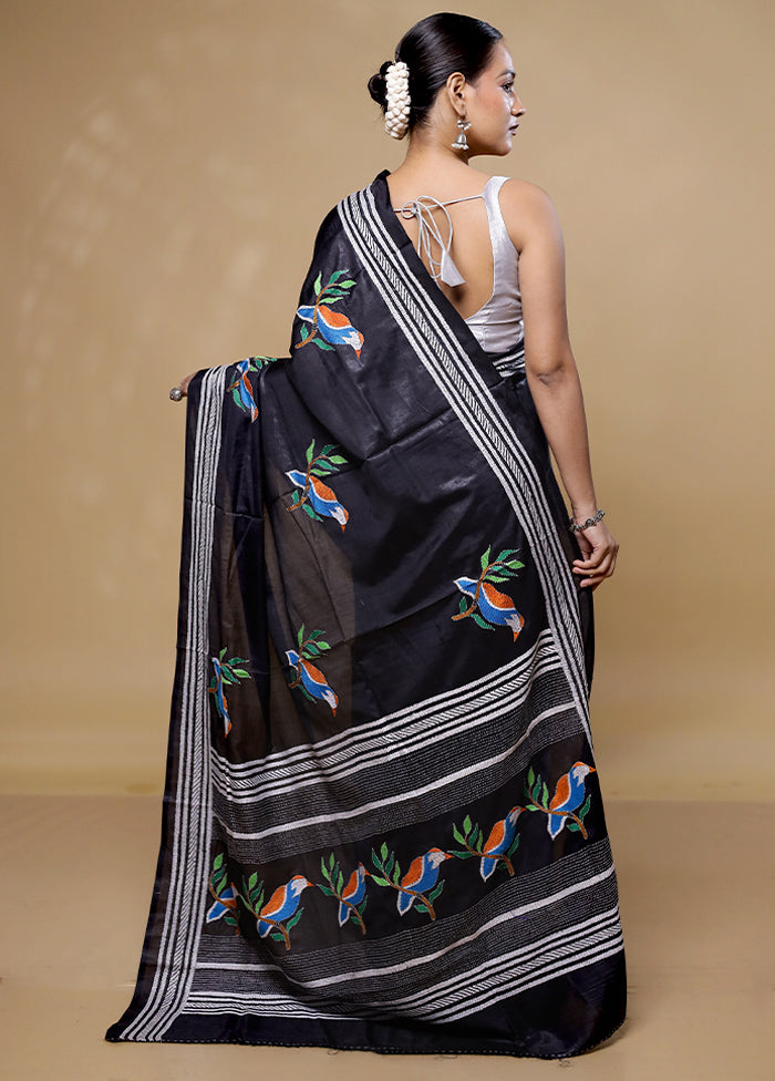 Black Kantha Stitch Silk Saree With Blouse Piece