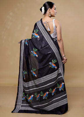 Black Kantha Stitch Silk Saree With Blouse Piece