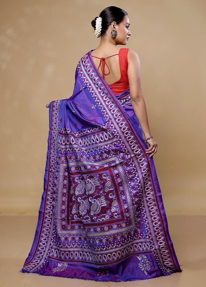 Purple Kantha Stitch Silk Saree With Blouse Piece