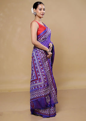 Purple Kantha Stitch Silk Saree With Blouse Piece