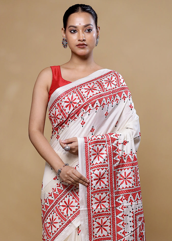 White Kantha Stitch Silk Saree With Blouse Piece