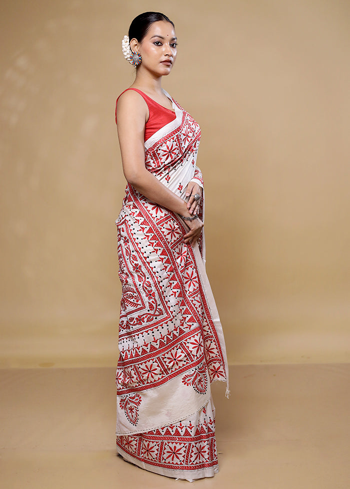 White Kantha Stitch Silk Saree With Blouse Piece