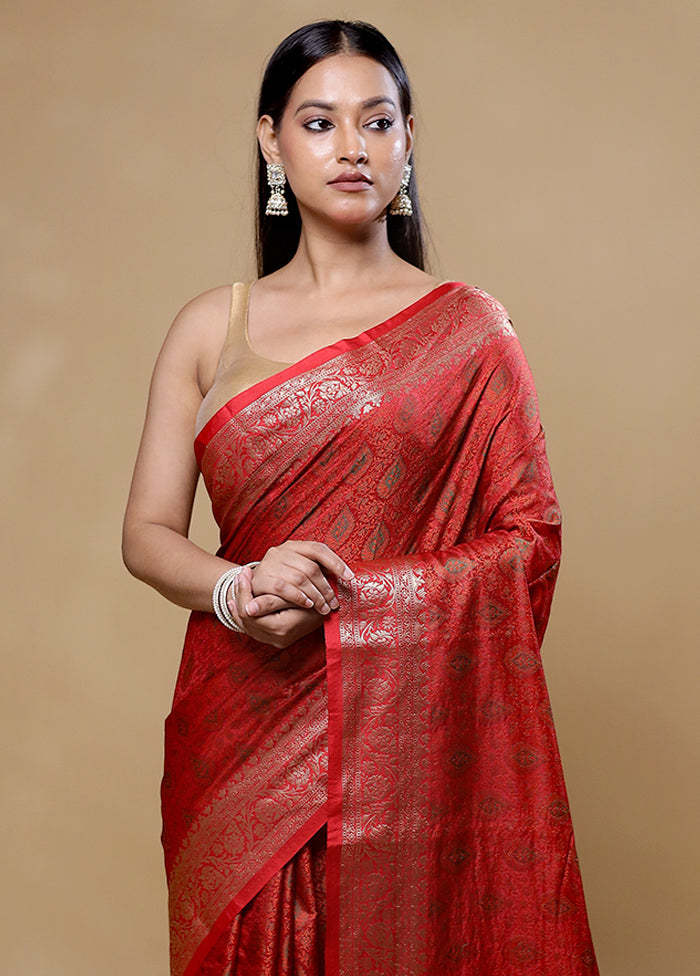 Red Jamewar Silk Saree With Blouse Piece