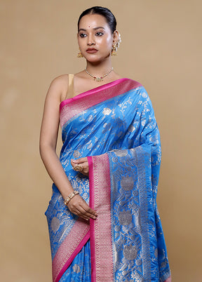 Blue Dupion Silk Saree With Blouse Piece